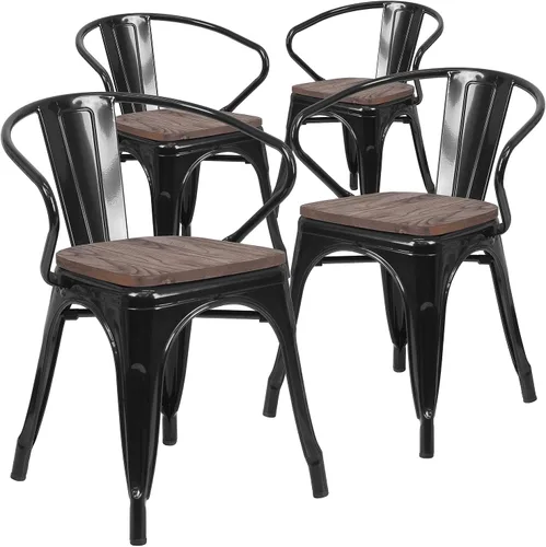 Vista 8 de Flash Furniture Silla de metal negro con asiento y brazos de madera