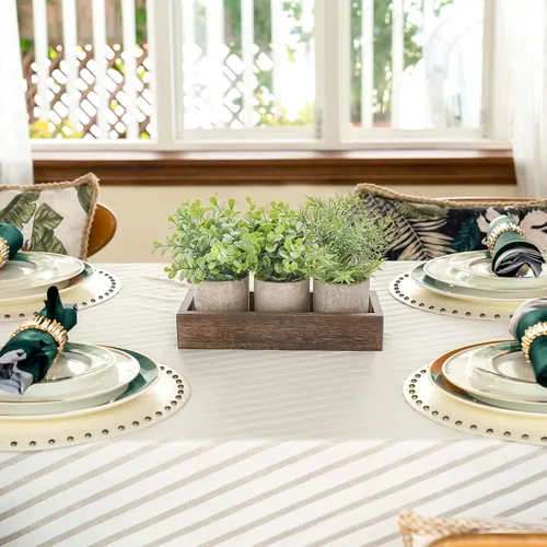 Vista 2 de Dahey - Juego de 3 plantas artificiales en miniatura en maceta de eucalipto con bandeja de madera, centro de mesa, decoración de mesa, macetas