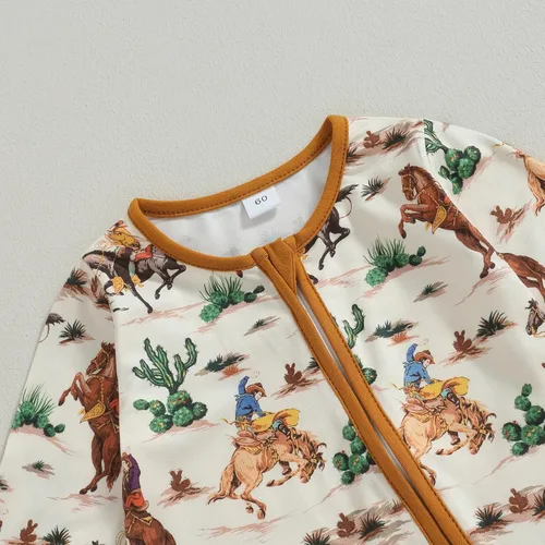 Vista 2 de Lamuusaa Ropa occidental para bebé, niña, niño, manga larga, estampado de vaca, mameluco con cremallera, overol de una pieza para otoño e invierno