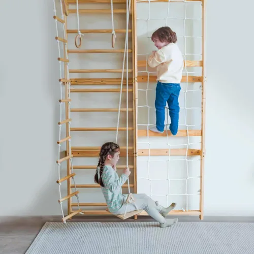 Vista 5 de Avenlur Neem Escalera de Pared Sueca 5-in-1 kids home gym: climbing wall kids love, indoor swing for kids, pull up bar for kids, stair slides