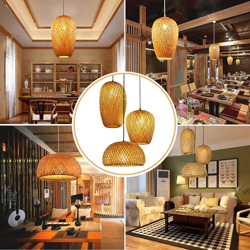 Vista 7 de GWY Lámpara colgante de farol de bambú, estilo japonés retro E27, lámpara colgante de techo para sala de estar, dormitorio, restaurante, cafetería