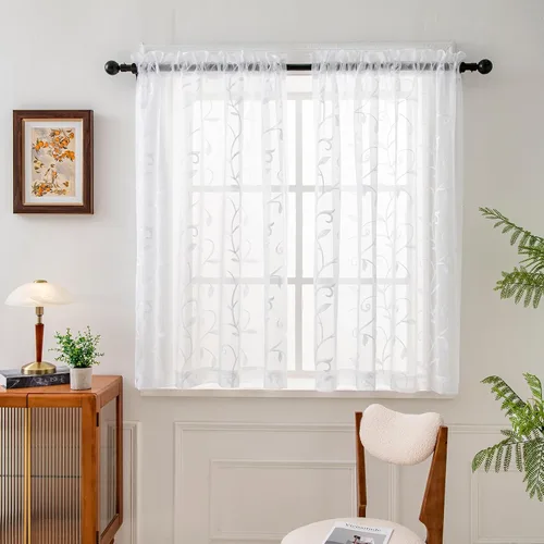 Vista 13 de VISIONTEX 2 paneles de cortinas traslúcidas de 63 in de largo, cortinas de gasa semitransparentes bordadas con hojas florales beige, bolsillo