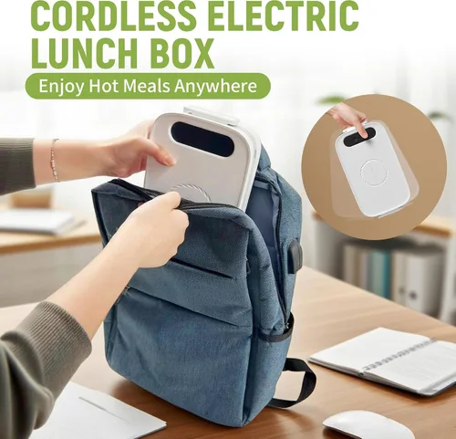 Vista 4 de Fiambrera eléctrica inalámbrica, 14000 mAh recargable con bolsa grande para adultos, calentador de alimentos portátil autocalentable de 1 litro