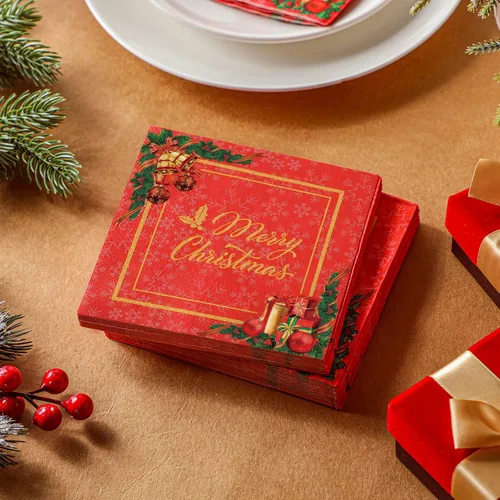 Vista 4 de 200 servilletas de papel de cóctel de Navidad, color rojo y dorado, desechables, servilletas de papel para bebidas navideñas para fiestas de postres