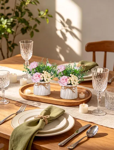Vista 7 de BLOSMON Flores sintéticas en jarrón para decoración de mesa, 2 piezas, pequeñas, rosas rosadas