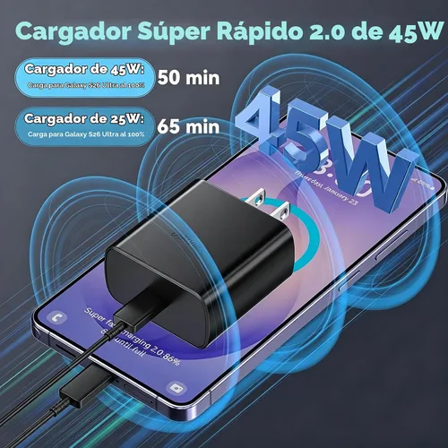 Vista 2 de Cargador súper rápido USB C de 45 W para teléfono Android tipo C, bloque de carga rápida con cable de 5 pies para Samsung Galaxy S26/S26