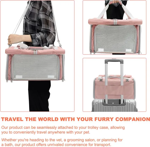 Vista 7 de Texsens Transportador para gatos – Transportador plegable grande para 2 gatos, aprobado por aerolíneas, protección de privacidad (rosa)