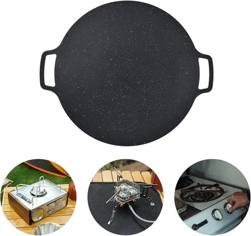 Vista 4 de Sartén para barbacoa, sartén coreana para barbacoa, bandeja redonda antiadherente de hierro fundido para panqueques de cerdo al aire libre (14.2 in)