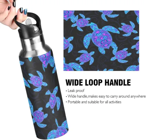 Vista 4 de BPA-Free Sports Water Bottle with Straw 32 Oz, Insulated Water Bottle for Gym Outdoor Travel School, Neon Sea Turtles Black