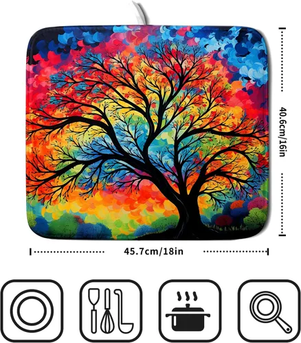 Vista 2 de Tapete de secado de microfibra para encimera de cocina, almohadilla de secado de platos de árbol de acuarela, 16 x 18 pulgadas
