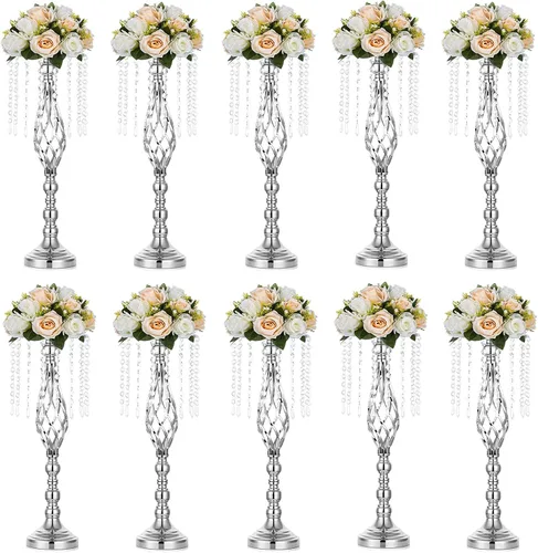 Vista 12 de Sziqiqi - Centro de mesa elevado floral dorado para mesa de boda de 21.7 pulgadas de altura con centros de mesa de flores de cristal y cuentas