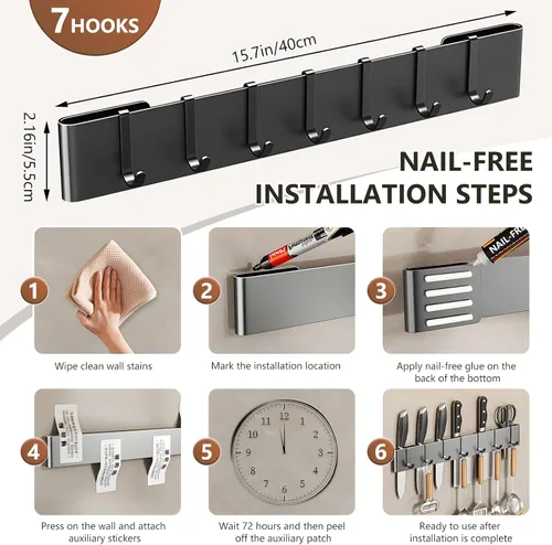 Vista 2 de Colgador de utensilios de cocina: soporte para colgar en pared, 7 ganchos, sin taladrar para cocina, despensa, baño, sala de estar de 15.75 pulgadas