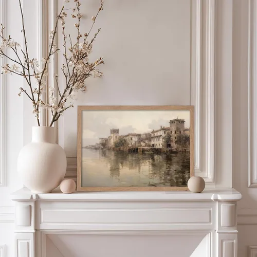 Vista 5 de Poster Master Póster vintage del canal, impresión retro de Venecia, arte de Italia, diseño de casas de ladrillo, ilustración de paisaje, obra
