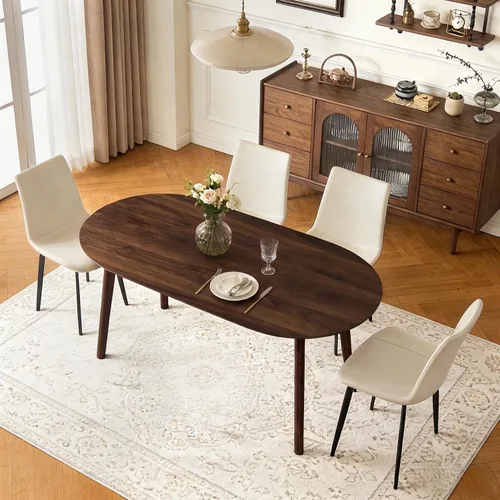 Vista 4 de Juego de mesa de comedor ovalada de 63 pulgadas para 4 personas con patas de madera maciza 5 Piece Walnut Dining Table Set for Kitchen and Dining