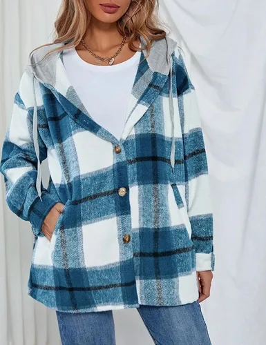 Vista 3 de Wanzetaly Chaqueta con capucha para mujer, bloque de color, casual, de franela, a cuadros, mezcla de lana, camisa con botones y bolsillos