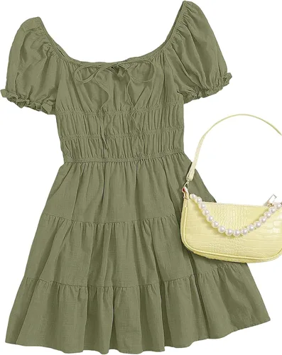Vista 3 de SheIn - Vestido corto de manga corta con fruncido acampanado vestido con volantes vestidos cortos con cuello cuadrado y cinta para anudar