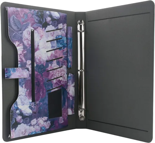 Vista 3 de Funda de cartera de 3 anillas, pintura floral, piel sintética, organizador de negocios con soporte para bloc de notas