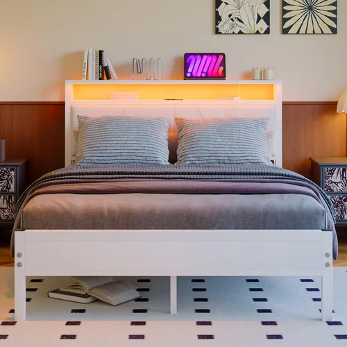 Vista 10 de Base de cama de tamaño matrimonial con estantes de almacenamiento, cabecera tapizada, color gris LED Lights Charging Station,Heavy Duty Metal Bed