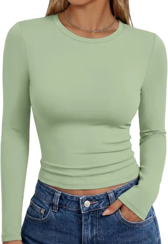 Vista 34 de Trendy Queen Camisetas de manga larga para mujer, camisetas básicas de Verde militar