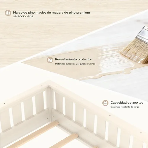 Vista 7 de Marco de cama Montessori Twin con estantería y barandillas, color beige