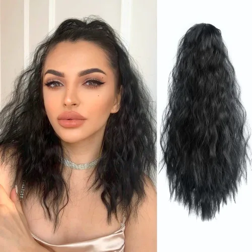 Vista 10 de Extensión de cola de caballo de garra negra natural ondulada de 16 pulgadas, extensiones de cabello sintético rizado con clip, extensiones