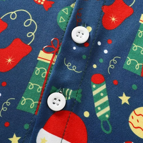 Vista 5 de JEELLIGULAR Conjunto de pantalones cortos y camisa con botones y estampado de Papá Noel para niños pequeños