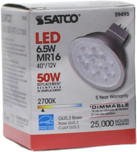 Vista 3 de Satco Bombillas LED S9495, 6.5 W MR16, haz de 40 grados, 2700 K blanco cálido, 12 voltios, regulables (paquete de 6)