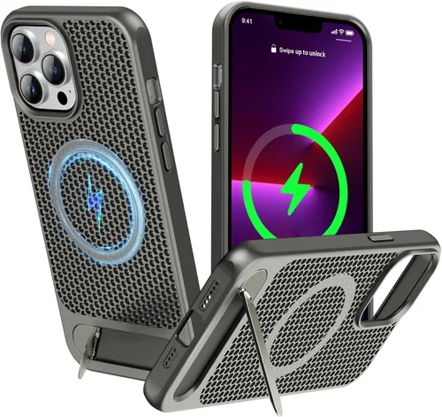Vista 63 de Funda magnética de disipación de calor para iPhone 13 Pro Max, para MagSafe, protección contra caídas Coolingf, funda con función atril ajustable