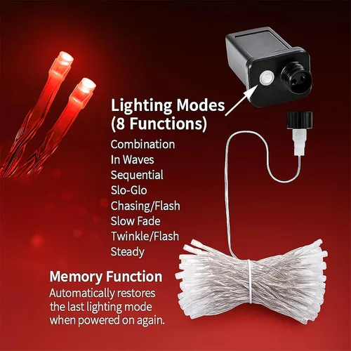 Vista 5 de Etinga Guirnalda de 100 luces LED rojas de 33 pies, luces de hadas enchufables con 8 modos de iluminación, luces decorativas impermeables