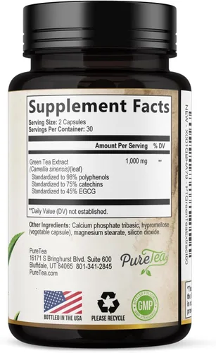 Vista 9 de PureTea - Píldoras de extracto de té verde de 1000 mg con EGCG – 98% de polifenoles estandarizados – Cápsulas de té verde de absorción 3X
