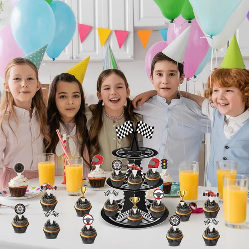 Vista 6 de Soporte para cupcakes de auto de carreras de 3 niveles con 24 adornos para tartas, decoraciones de fiesta de cumpleaños, temática de autos