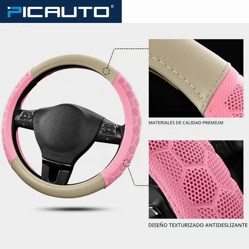 Vista 3 de Cubierta de Volante de Masaje PIC AUTO, Cubierta de Volante de Coche de Cuero Beige y Material de Patrón de Fútbol Rosa Combinado, Cubierta