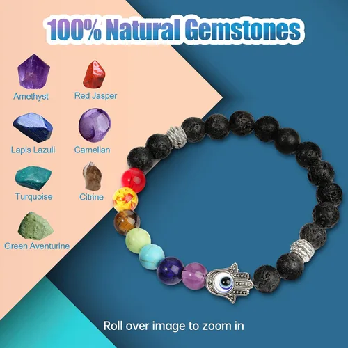Vista 3 de 2 pulseras de mal de ojo, pulsera de mano de Fátima, pulsera de 7 chakras, pulsera elástica de cuentas contra el mal de ojo, pulsera de piedras