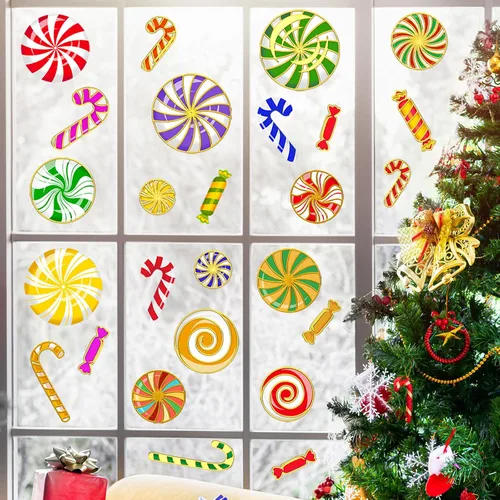Vista 12 de 77 PCS Calcomanías de Pared de Dulces de Navidad Decoraciones Calcomanías de Pared de Navidad Calcomanías de Piso de Caramelo de Menta para Rojo