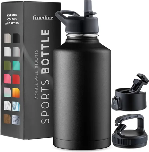 Vista 25 de FineDine Botellas de agua aisladas de triple pared con popote, botella de metal de acero inoxidable de 25 onzas con 3 tapas a prueba de fugas