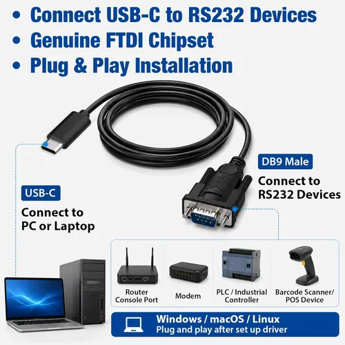 Vista 2 de Cyberguys! USB-C to RS232 DB9 Male Serial Cable with FTDI Chipset, 6 FT