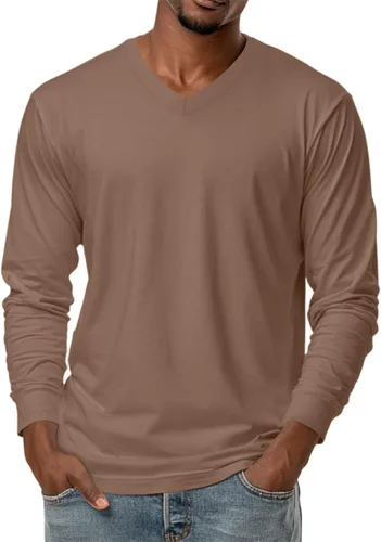 Vista 16 de Camiseta para hombre, manga larga, cuello en V, color liso, informal, básica, suave, elástica, M-3XL