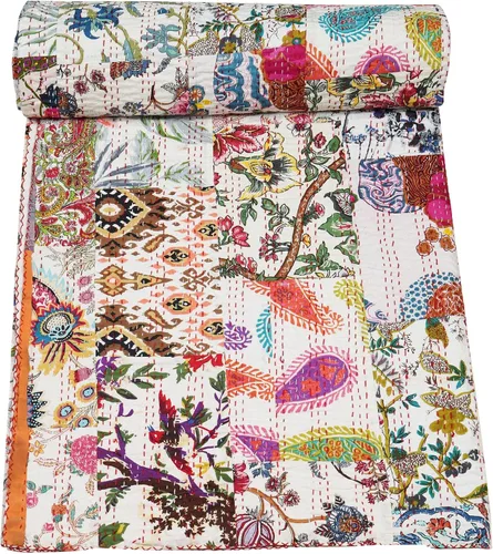 Vista 17 de Marubhumi Colchas hechas a mano tradicional de algodón puro con estampado de cachemira Kantha, funda de cama reversible con estampado de cachemira
