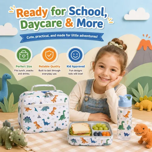Vista 7 de LOIDOU Lonchera para niños y niñas, bolsa térmica con aislamiento térmico y reutilizable, para viajes escolares (dinosaurio)
