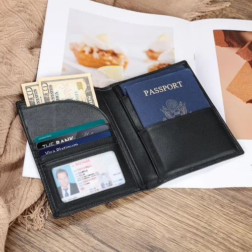 Vista 3 de Polare - Soporte para pasaporte de cuero de grano completo con bloqueo RFID, billetera plegable para viajes, 2 pasaportes, Negro -, Slim