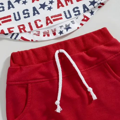 Vista 6 de Ynibbim Conjunto de ropa de verano para niños pequeños del 4 de julio, camiseta con estampado de letras y pantalones cortos de algodón