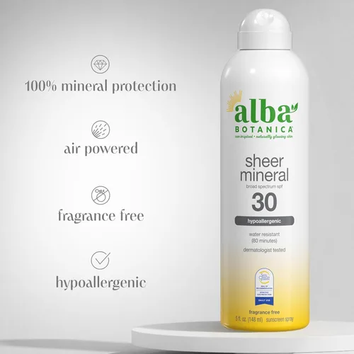 Vista 4 de Alba Botanica Spray protector solar mineral transparente, SPF 30, amplio espectro sin fragancia, resistente al agua y biodegradable, botella de 5