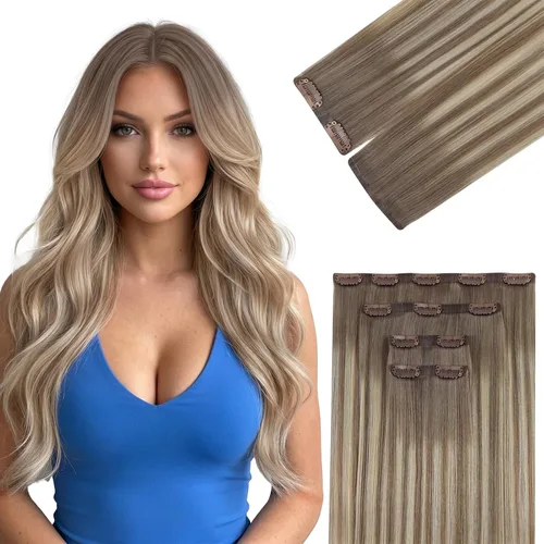 Vista 29 de Ve Sunny Extensiones de cabello clip-in de cabello humano real con reflejos, extensiones de cabello con clip para cabello corto, marrón oscuro