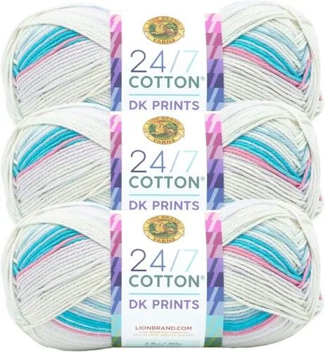 Vista 27 de Lion Brand Yarn Estampados DK de algodón 24/7, hilo para tejer, ganchillo y manualidades, azul, paquete de 1 Cotton Yarn for Knitting, Crochet