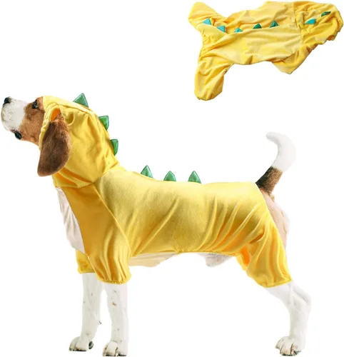 Vista 6 de NACOCO Disfraz de dinosaurio para perro de Halloween, diseño de ropa para mascotas, sudadera con capucha amarilla para perros medianos y grandes