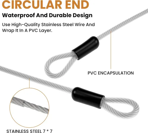 Vista 7 de Cable de seguridad de acero inoxidable de 10 pies y 0.197 in con ganchos, cable flexible trenzado de doble bucle recubierto de acero