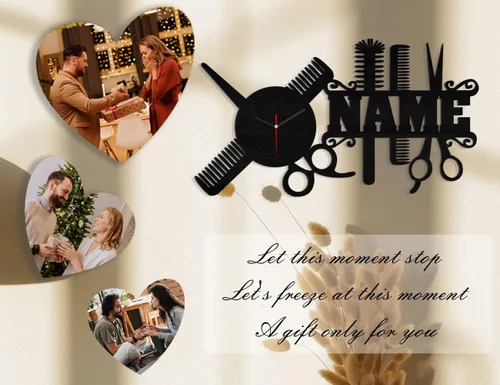 Vista 2 de Reloj de pared de madera con nombre único personalizado personalizado para salón de belleza, decoración de estudio de peluquería para peluquería