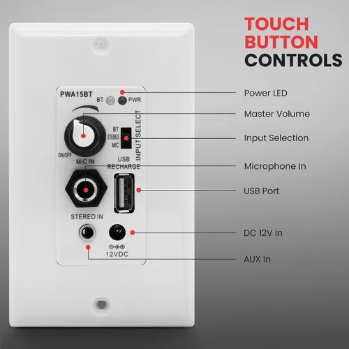 Vista 4 de Pyle Receptor BT Inalámbrico de Pared – Receptor de Control de Audio de 100W para Pared con Amplificador Integrado, Entradas USB/Micrófono/Aux