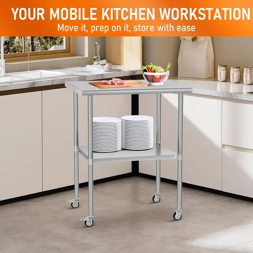 Vista 6 de Mesa de acero inoxidable con ruedas de 24 x 30 pulgadas, mesa de trabajo utilitaria con estante inferior ajustable para cocina comercial, garaje