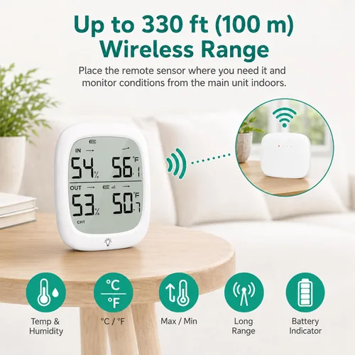 Vista 4 de RUIKORING Wireless Indoor Outdoor Thermometer Hygrometer, 330 ft Sensor High Accuracy Digital Temperature Humidity Monitor, Large Backlit Display